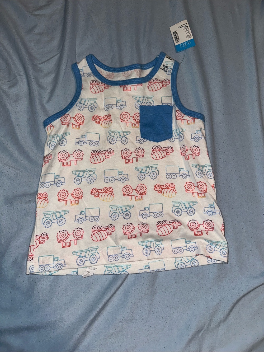 The Children's Place White Tank Top with Red and Light Blue Construction Print